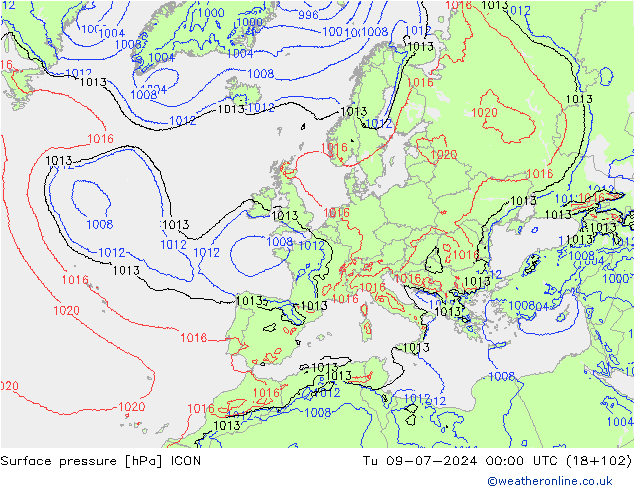 Luchtdruk (Grond) ICON di 09.07.2024 00 UTC