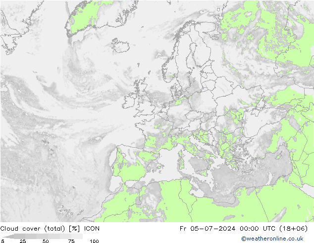 Bewolking (Totaal) ICON vr 05.07.2024 00 UTC