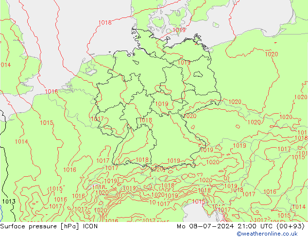 Luchtdruk (Grond) ICON ma 08.07.2024 21 UTC