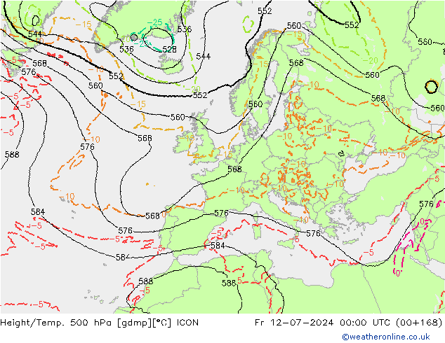 Hoogte/Temp. 500 hPa ICON vr 12.07.2024 00 UTC