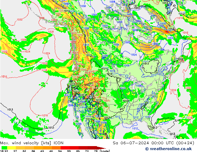 Max. wind velocity ICON 星期六 06.07.2024 00 UTC