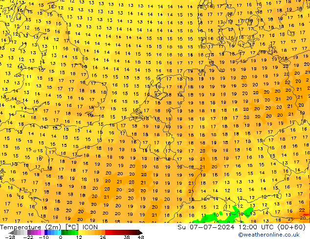 温度图 ICON 星期日 07.07.2024 12 UTC