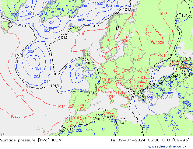 地面气压 ICON 星期二 09.07.2024 06 UTC