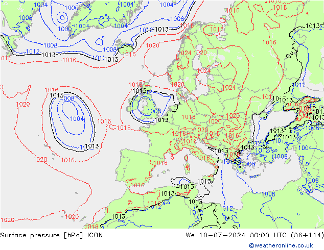 地面气压 ICON 星期三 10.07.2024 00 UTC