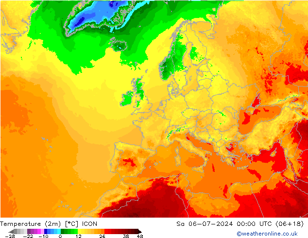 Temperatuurkaart (2m) ICON za 06.07.2024 00 UTC