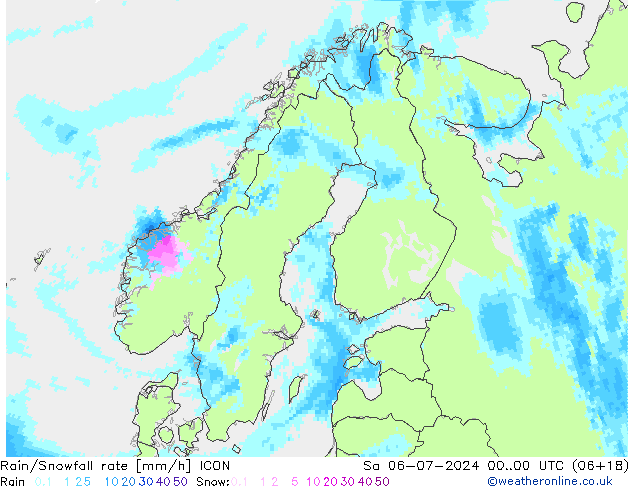 Rain/Snowfall rate ICON 星期六 06.07.2024 00 UTC