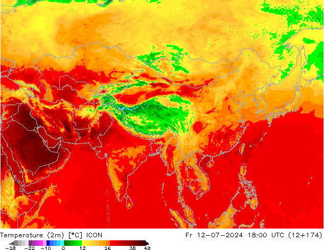 Temperatuurkaart (2m) ICON vr 12.07.2024 18 UTC