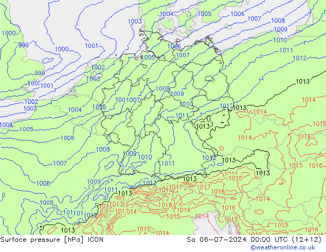 地面气压 ICON 星期六 06.07.2024 00 UTC