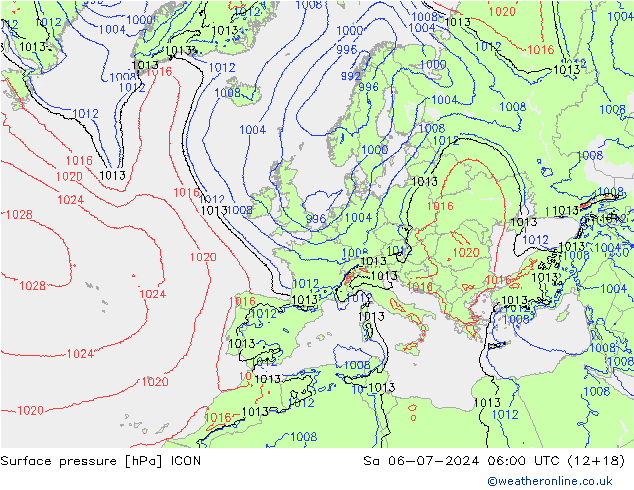 地面气压 ICON 星期六 06.07.2024 06 UTC