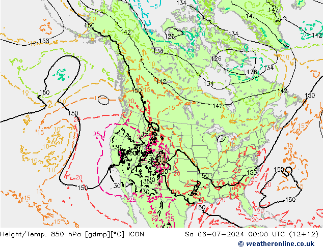 Height/Temp. 850 hPa ICON 星期六 06.07.2024 00 UTC