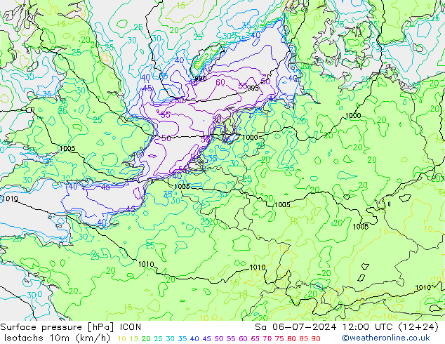 Isotachen (km/h) ICON za 06.07.2024 12 UTC