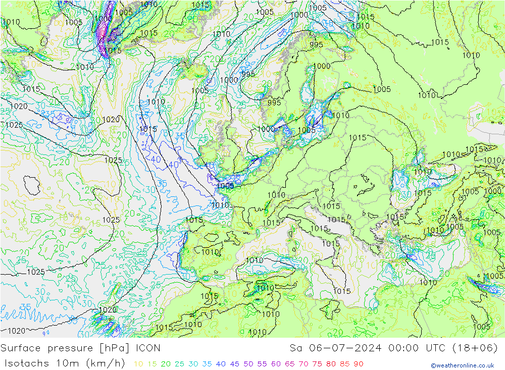 10米等风速线 (kph) ICON 星期六 06.07.2024 00 UTC