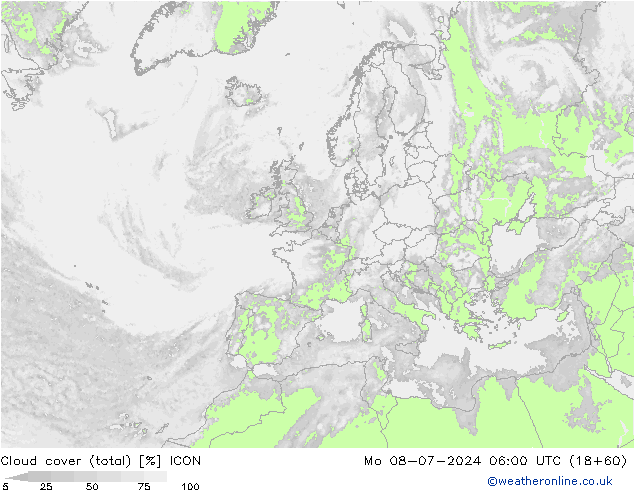 Bewolking (Totaal) ICON ma 08.07.2024 06 UTC