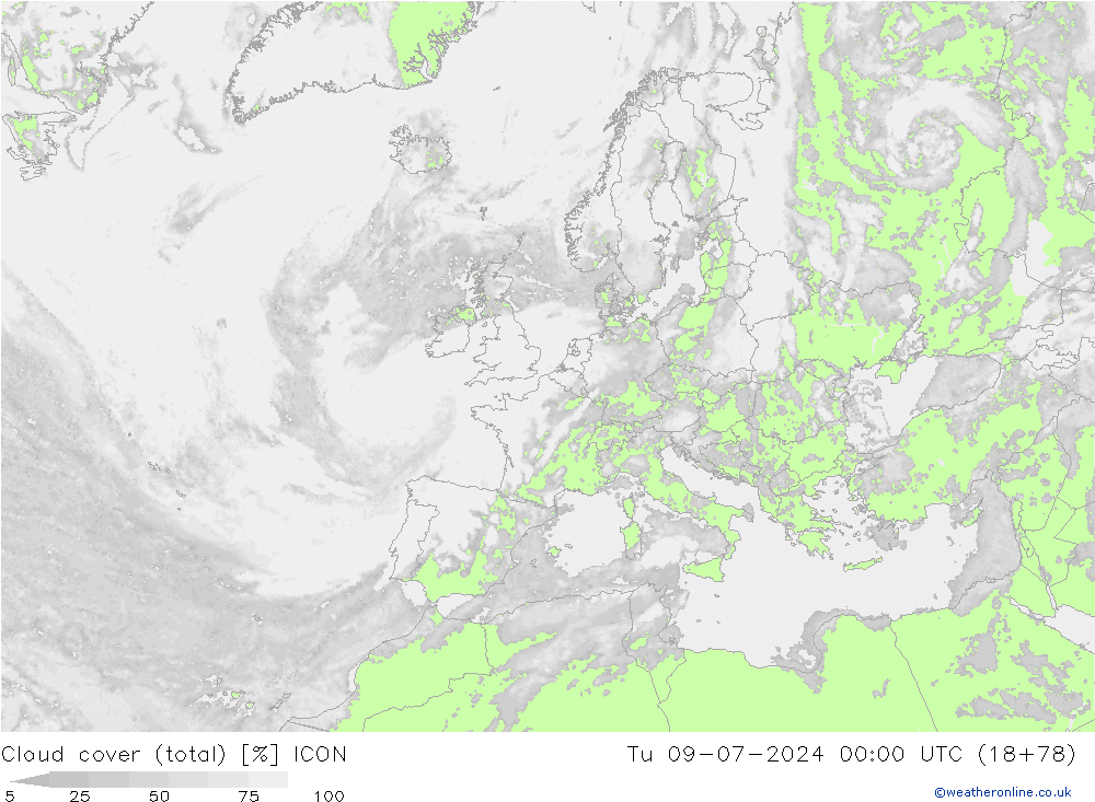 Bewolking (Totaal) ICON di 09.07.2024 00 UTC