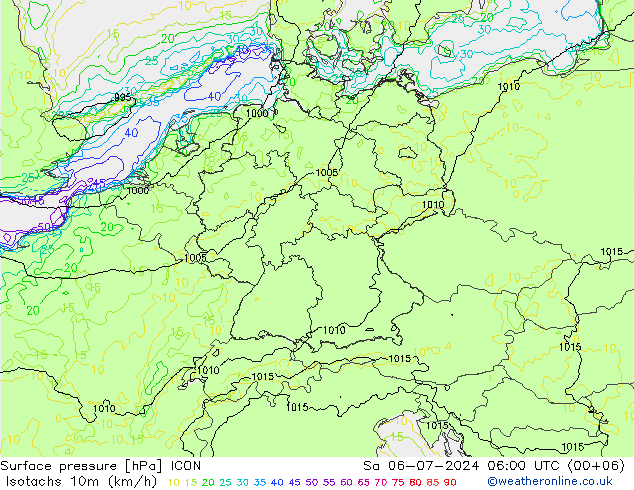 10米等风速线 (kph) ICON 星期六 06.07.2024 06 UTC