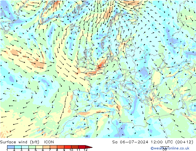 Wind 10 m (bft) ICON za 06.07.2024 12 UTC