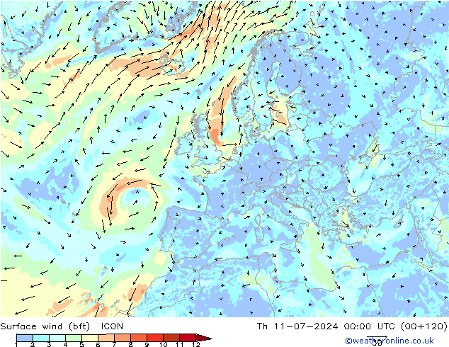 Wind 10 m (bft) ICON do 11.07.2024 00 UTC