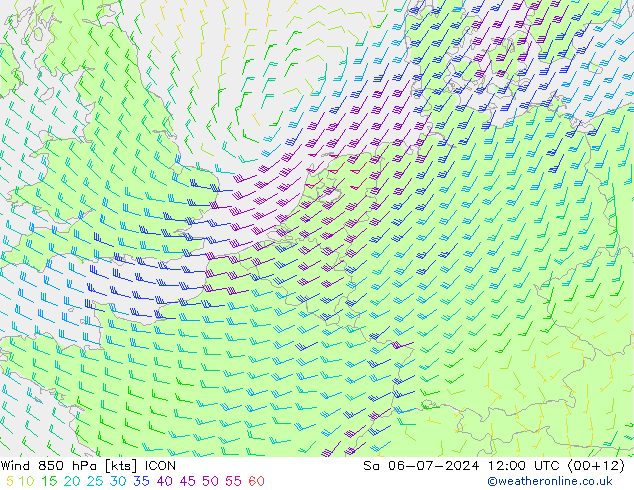 风 850 hPa ICON 星期六 06.07.2024 12 UTC