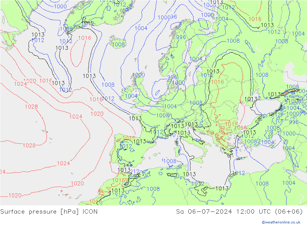 地面气压 ICON 星期六 06.07.2024 12 UTC