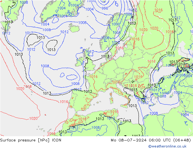地面气压 ICON 星期一 08.07.2024 06 UTC