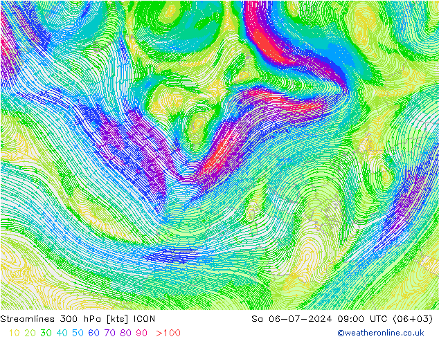 风 300 hPa ICON 星期六 06.07.2024 09 UTC