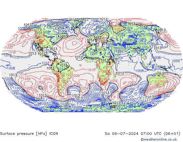 地面气压 ICON 星期六 06.07.2024 07 UTC