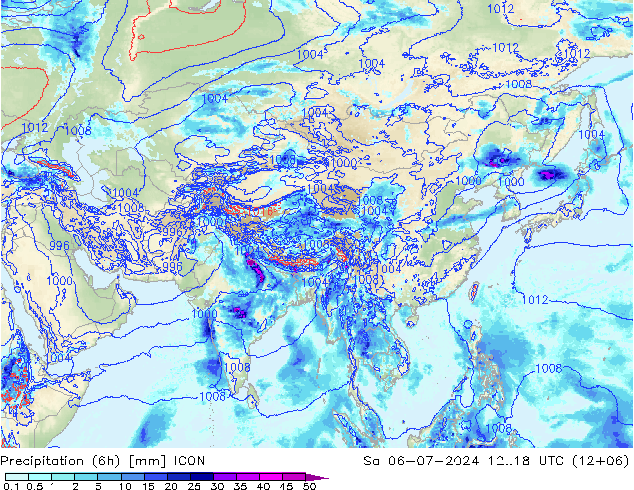 Totale neerslag (6h) ICON za 06.07.2024 18 UTC