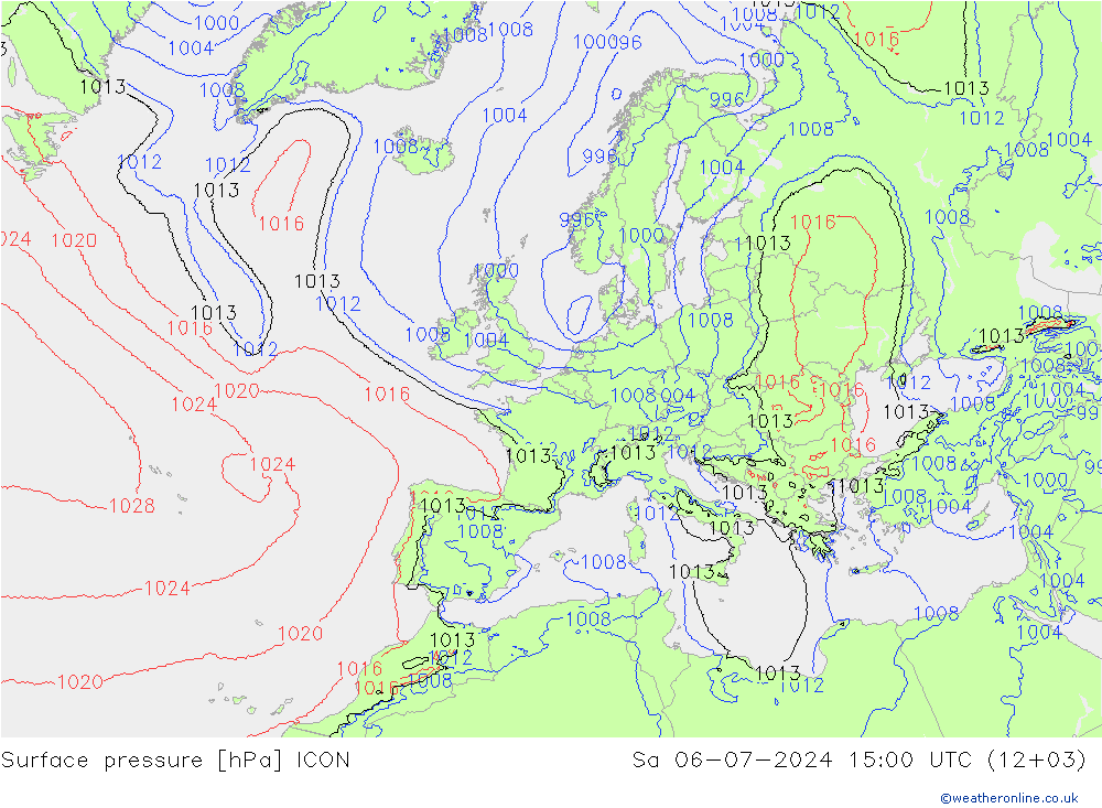 地面气压 ICON 星期六 06.07.2024 15 UTC