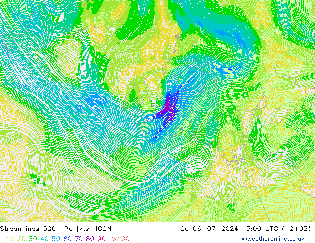 风 500 hPa ICON 星期六 06.07.2024 15 UTC