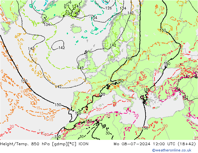 Hoogte/Temp. 850 hPa ICON ma 08.07.2024 12 UTC