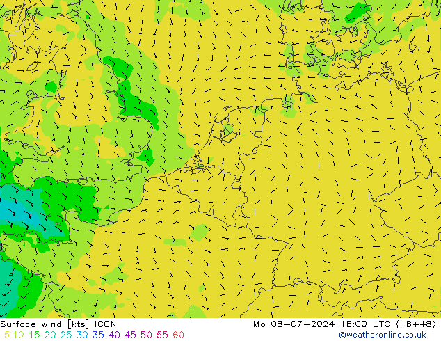 Wind 10 m ICON ma 08.07.2024 18 UTC