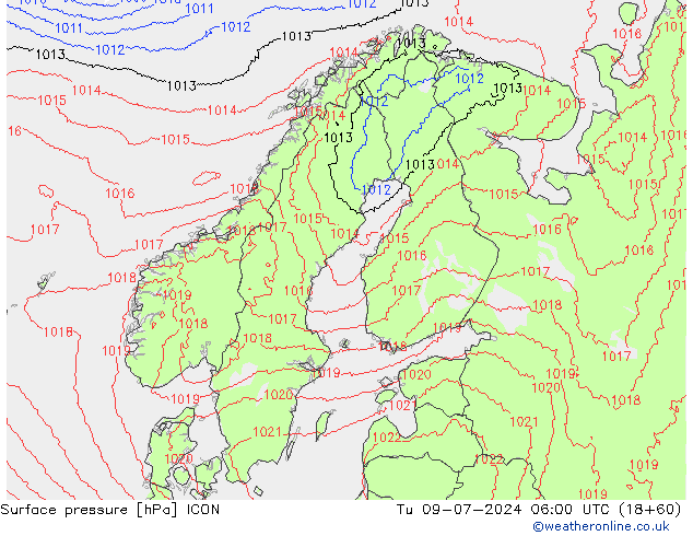 地面气压 ICON 星期二 09.07.2024 06 UTC