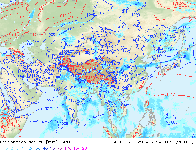 Totale neerslag ICON zo 07.07.2024 03 UTC