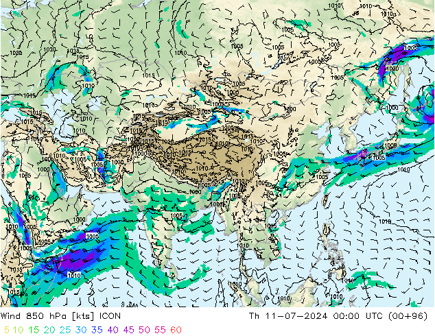 Wind 850 hPa ICON do 11.07.2024 00 UTC