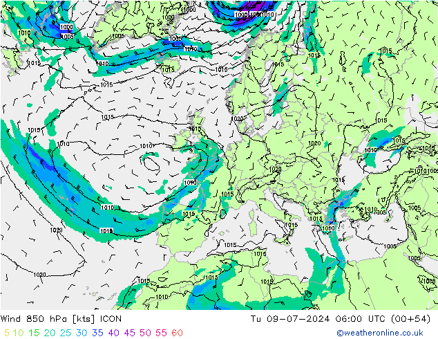 风 850 hPa ICON 星期二 09.07.2024 06 UTC
