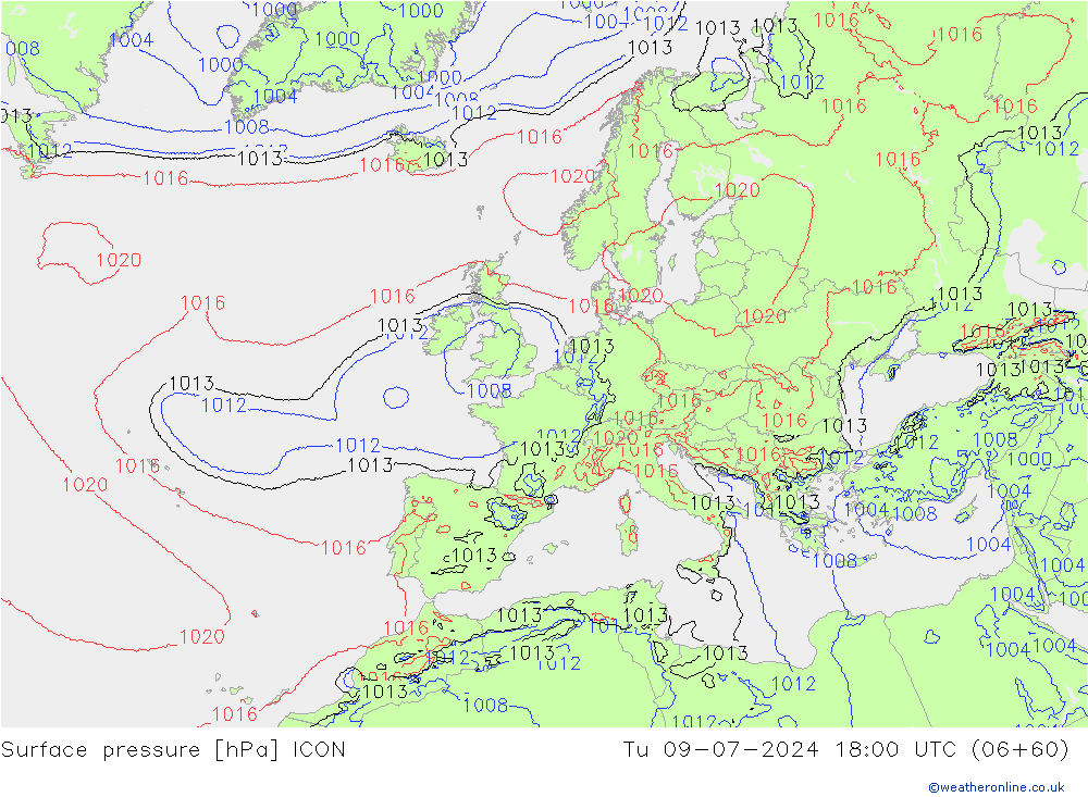 地面气压 ICON 星期二 09.07.2024 18 UTC