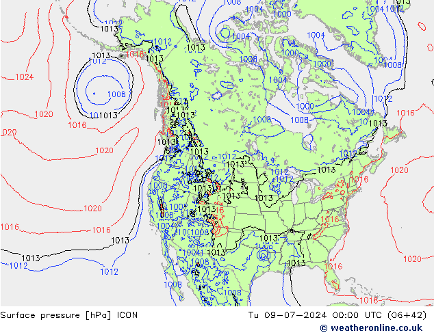 地面气压 ICON 星期二 09.07.2024 00 UTC