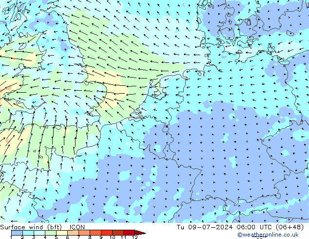 Wind 10 m (bft) ICON di 09.07.2024 06 UTC