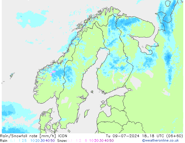 Regen/Sneeuwval ICON di 09.07.2024 18 UTC