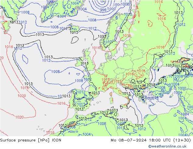 地面气压 ICON 星期一 08.07.2024 18 UTC