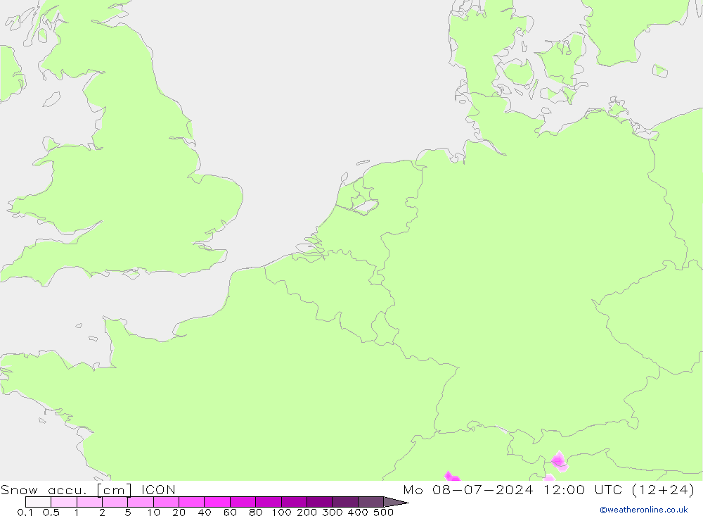 Snow accu. ICON 星期一 08.07.2024 12 UTC