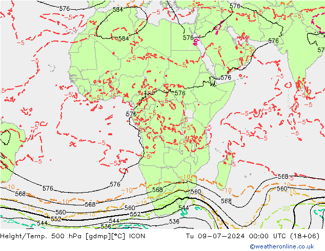 Hoogte/Temp. 500 hPa ICON di 09.07.2024 00 UTC