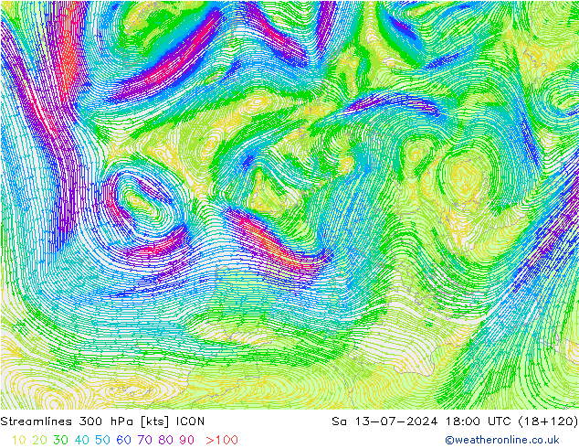 风 300 hPa ICON 星期六 13.07.2024 18 UTC