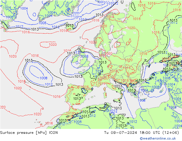 Luchtdruk (Grond) ICON di 09.07.2024 18 UTC