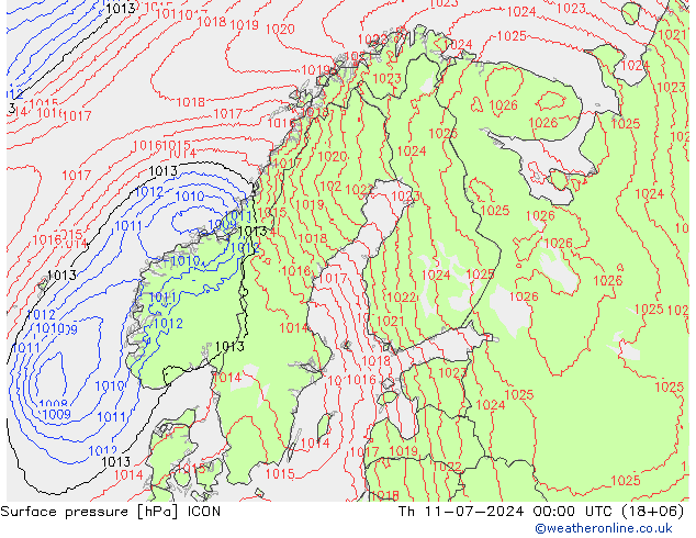 地面气压 ICON 星期四 11.07.2024 00 UTC