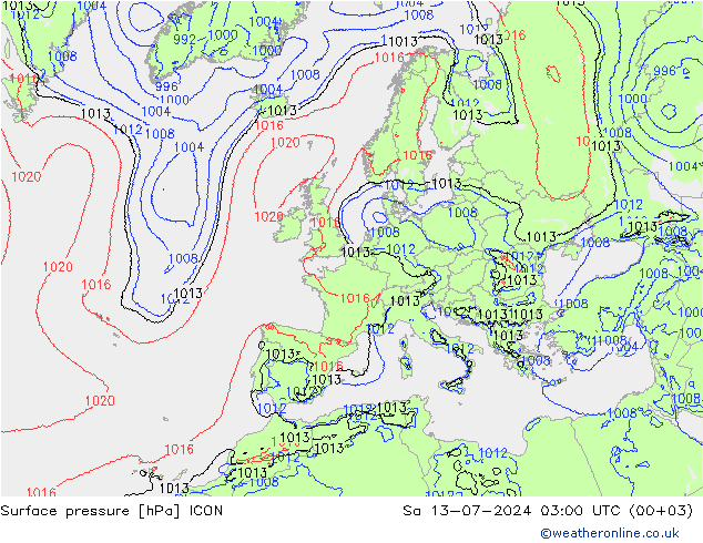 地面气压 ICON 星期六 13.07.2024 03 UTC