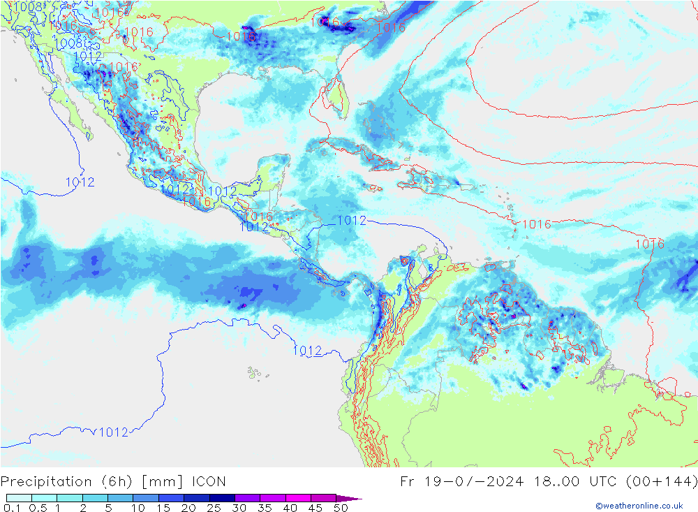 Totale neerslag (6h) ICON vr 19.07.2024 00 UTC