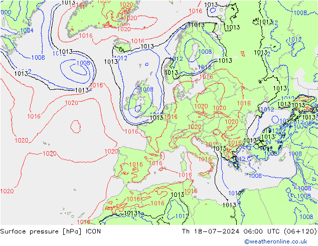 地面气压 ICON 星期四 18.07.2024 06 UTC
