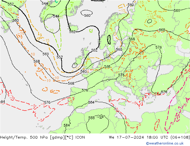 Hoogte/Temp. 500 hPa ICON wo 17.07.2024 18 UTC