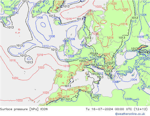 地面气压 ICON 星期二 16.07.2024 00 UTC